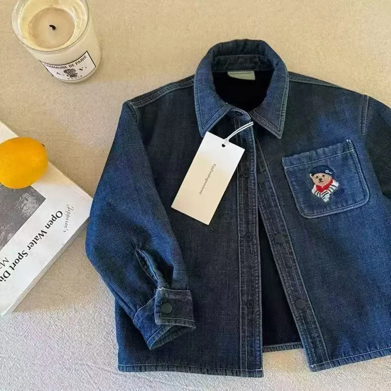 2026 New Autumn and Winter Denim Single Breasted Fleece Jacket Baby Boy One-piece Fleece Shirt Warm and Thick Jacket 2-10Yrs
