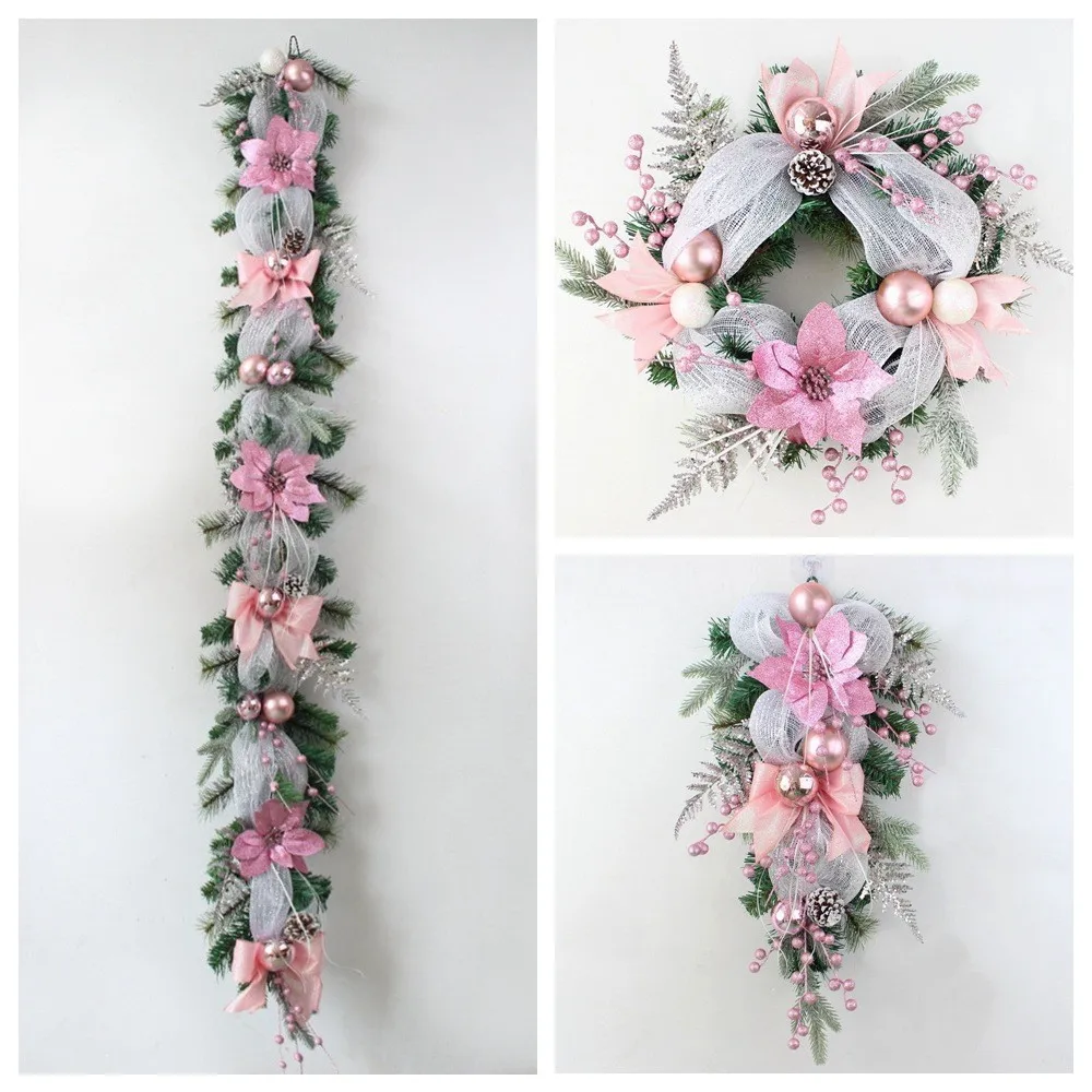 

Рождественский ротанговый рождественский шар, декоративный венок, дверной подвесной розовый рождественский декоративный настенный венок из сосновой шишки