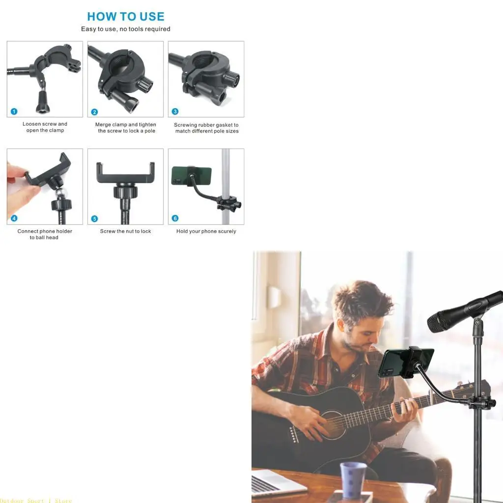A0KA ABS Metal Phone Clamp Music Microphone Stands Flexible Adjustable Holder