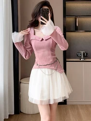 Women Pink Chenille Patchwork White Mesh Pleated Dress Autumn Winter Elegant Bandage Y2k Short Dress 2025 Fashion Birthday Dress