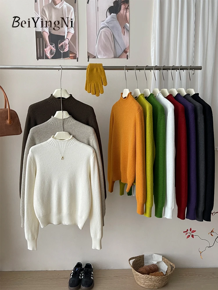 

Beiyingni 2025 Trendy Women Stand Collar Sweater French Elegant Crimping Long Sleeve Knit Tops Ladies Pure Color Winter Pullover