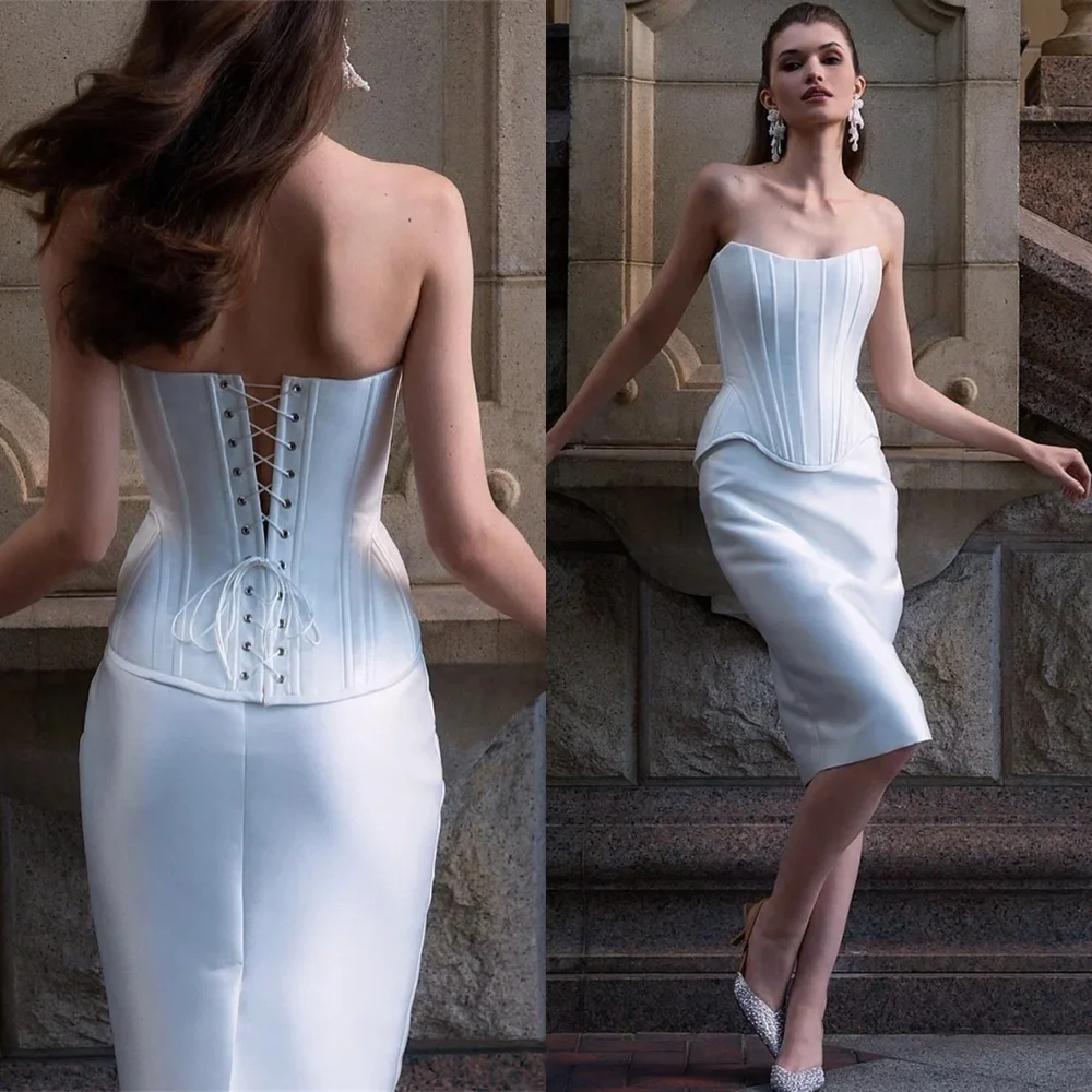 

Customized Formal White Satin Evening Dress Classic Strapless Sleeveless Homecoming Dresses Exquisite Special Occasion Gowns