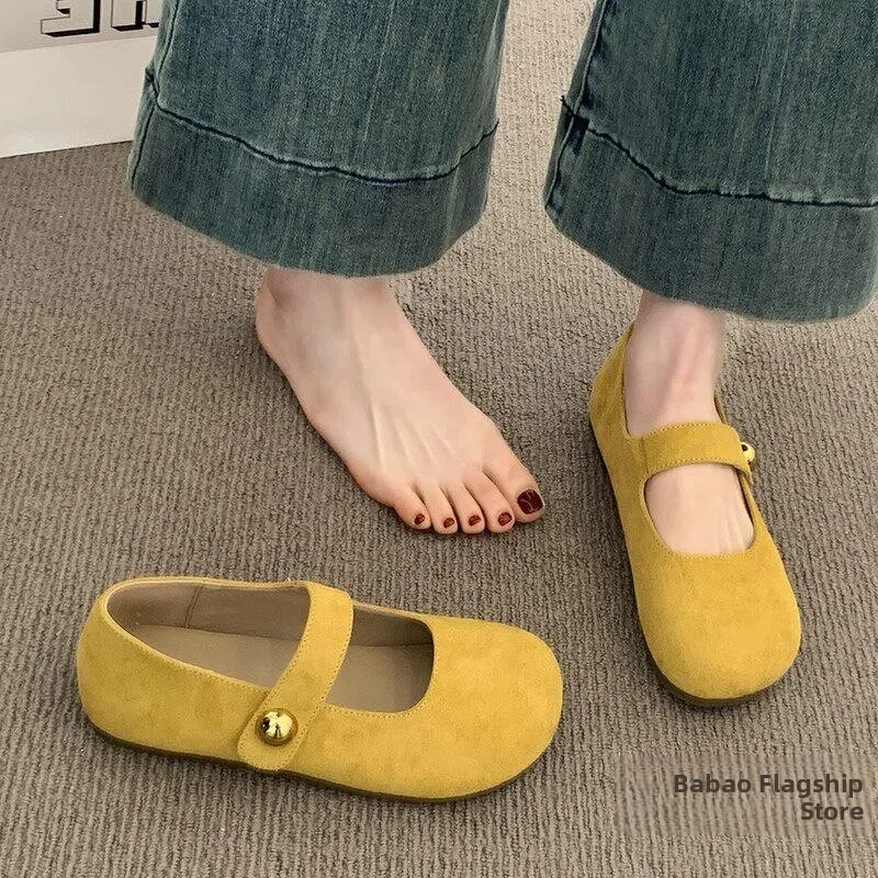 Yellow  Women's Flat Mary Jane Shoes Retro Grandmother Bean Spring Summer Casual round Toe Flat Heel Fashionable