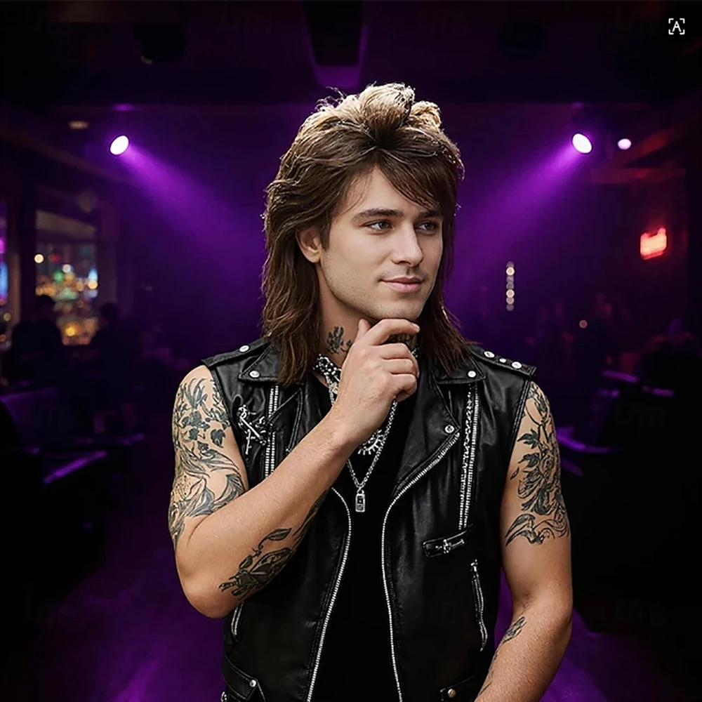 Synthetisches Haar Herren 80er Jahre Rock Mullet Perücke Braune Retro-Frisur für Cosplay Party Vintage Mode – Detail 4