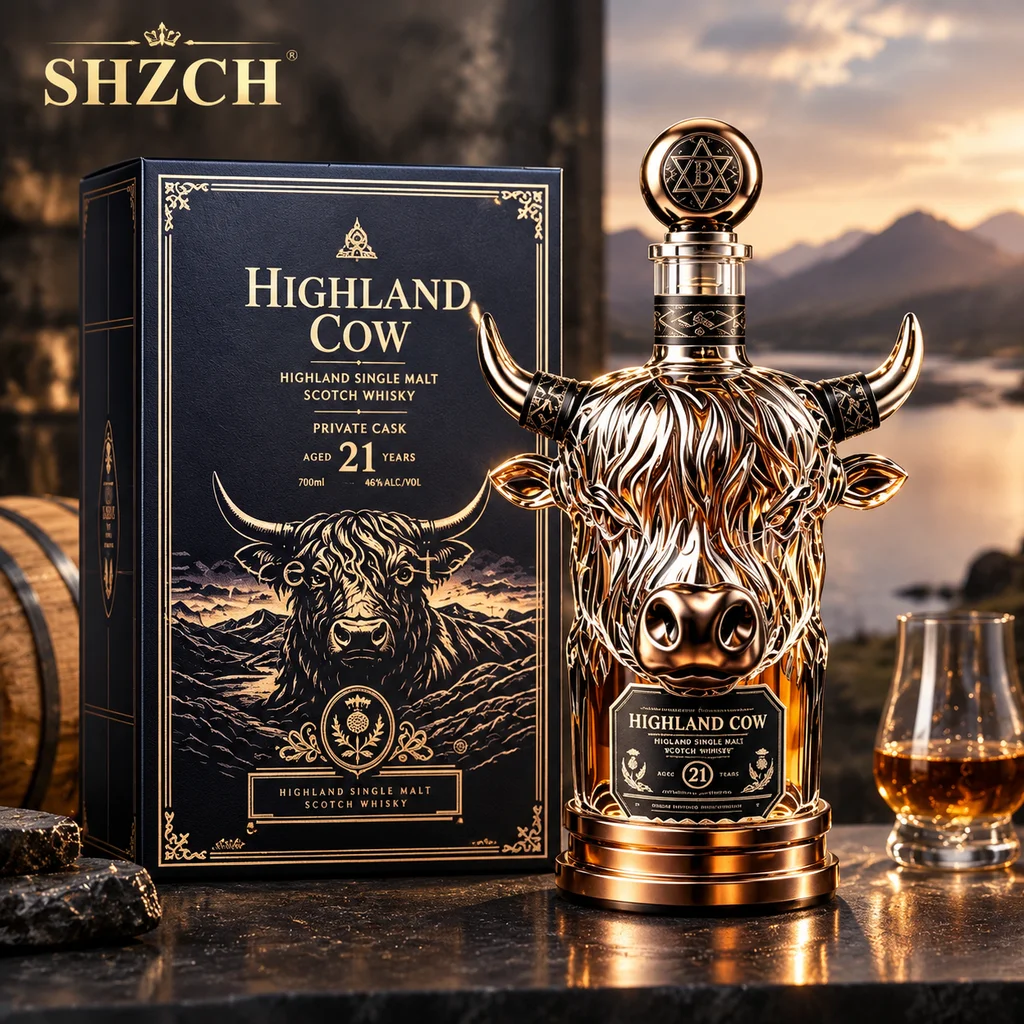 3D Highland Cow Crystal Whiskey Decanter with Gift Box - Decorative Bourbon Scotch Liquor Bottle Collectible Barware