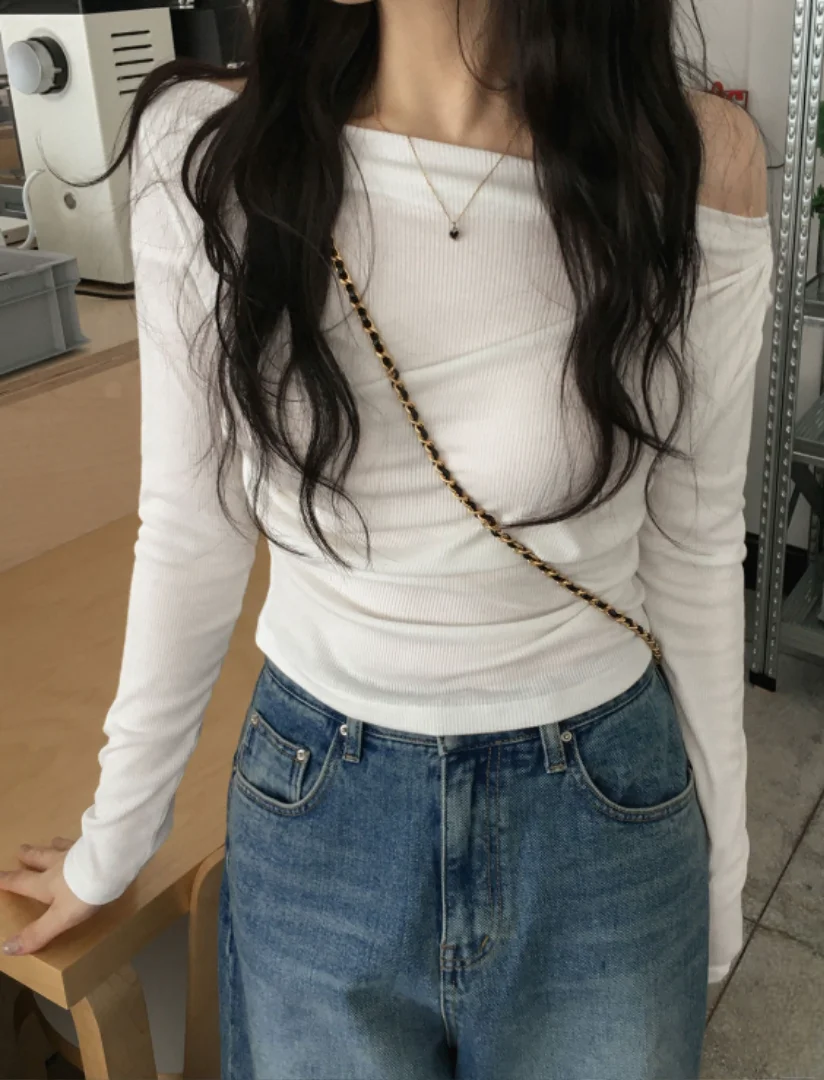 

NUOMICI White Grey Long-sleeve Knitwear T-shirt Women's Top Skew Collar Sexy Pleated Design K-Fashion Popular Female Clothing