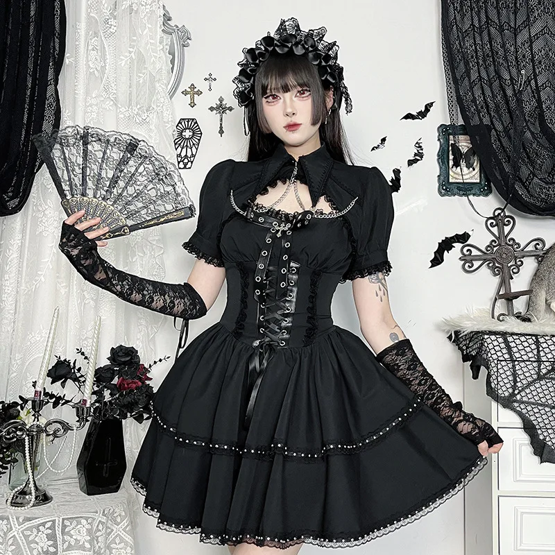 Y2k Goth Punk Lolita Vestito dalla fasciatura Canotta Maniche corte Top corti Donna Estate Nuovi abiti Grembiule Set Abbigliamento Cosplay Treny