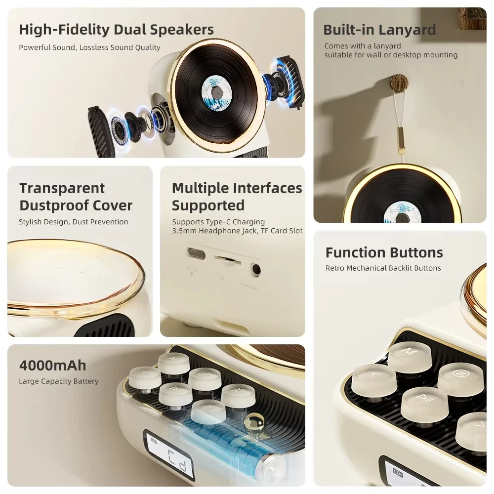 مشغل أقراص مضغوطة بنظام موسيقى 4 في 1 محمول من Kuang Xiang مع مكبر صوت بلوتوث وراديو FM وصمام ثنائي باعث للضوء وإضاءة ليلية