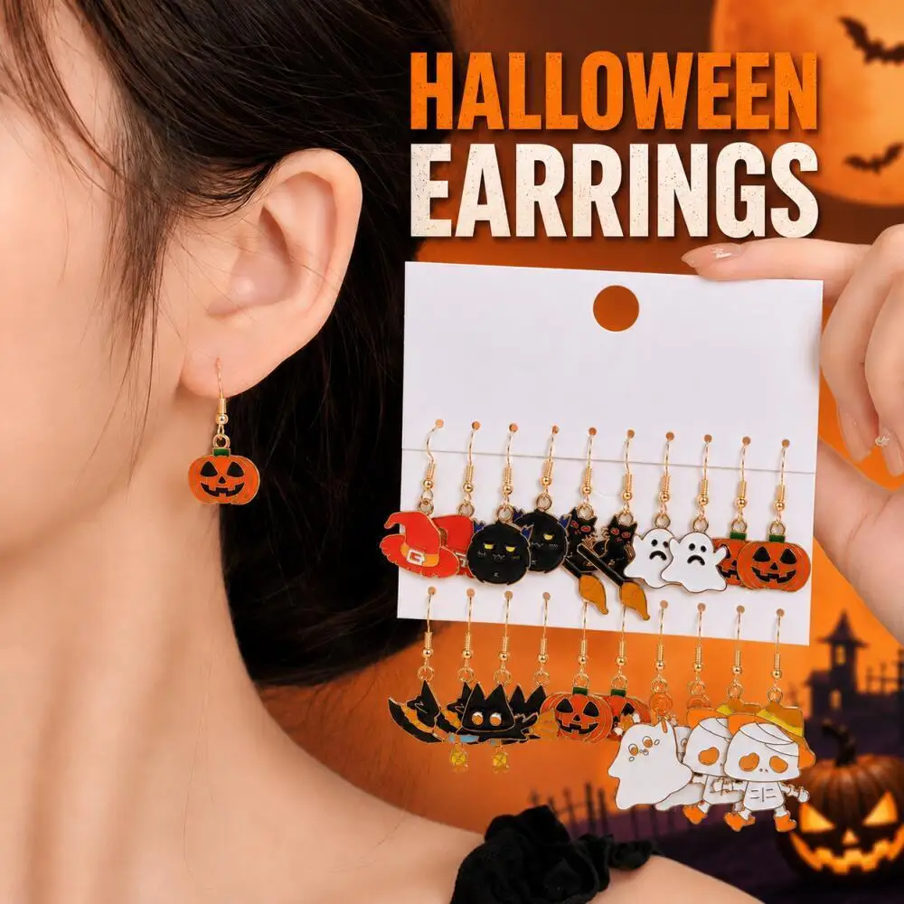 10 Pairs Halloween Enamel Dangle Earrings Witch Hat Black Cat Broom Ghost Pumpkin Mummy Cosplay Jewelry Parties Display Stand