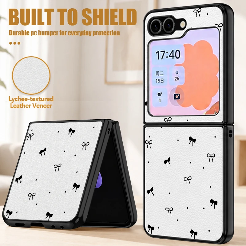 Small Bow Pattern PU Leather Phone Case For Samsung Galaxy Z Flip8 Flip7 FE Flip 8 7 6 5 4 3 5G Shockproof Folding Hard PC Cover