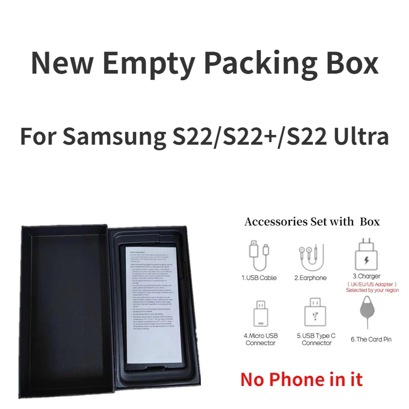 

For Samsung Galaxy S22 New Empty Retail Box S22+ S22 Ultra OEM Accessories US/EU/UK Adapter Type-C Cable Headset No Phone in it