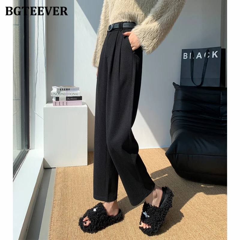 BGTEEVER Casual hoge taille dames rechte wollen broek herfst winter dikker warme losse zakken vrouwelijke harembroek met riem