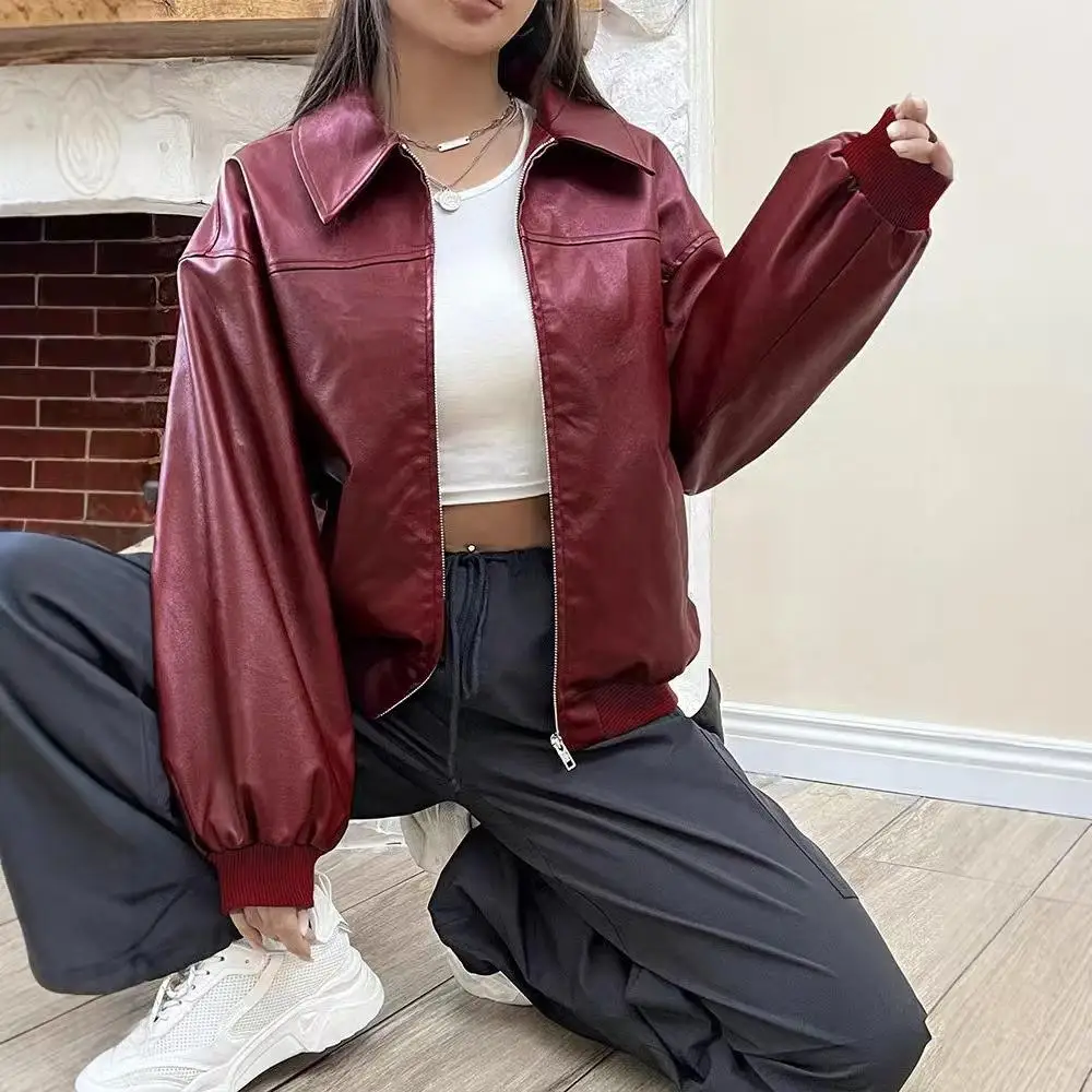 Cappotto primaverile autunnale da donna con vestibilità ampia e casual in pelle PU Jaet con cerniera risvolto lungo Sve Commute Sle Faion