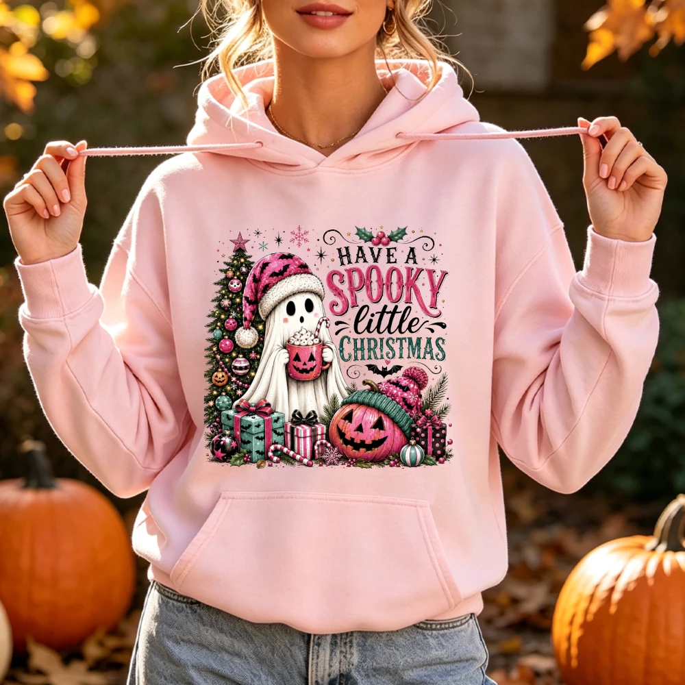 Spooky Little Christmas Ghost Tree Print Hoodie Cute Pink Halloween Xmas Pumpkin Graphic Sweatshirt Y2K Winter Clothes