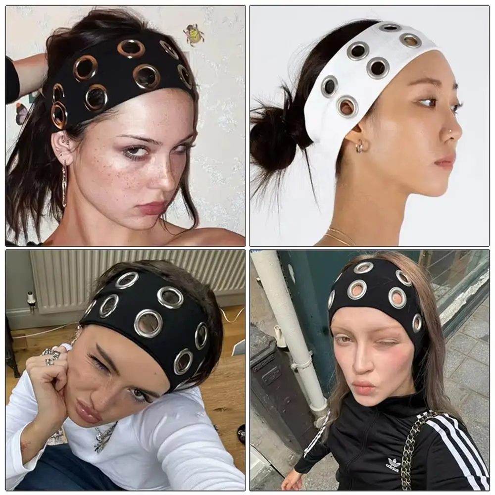ยืดผ้าพันคอโลหะผ้า Hollow Elastic Headbands Hollowed Out ตาไก่กว้าง Hairband อุปกรณ์เสริมผม Y2K Headwrap