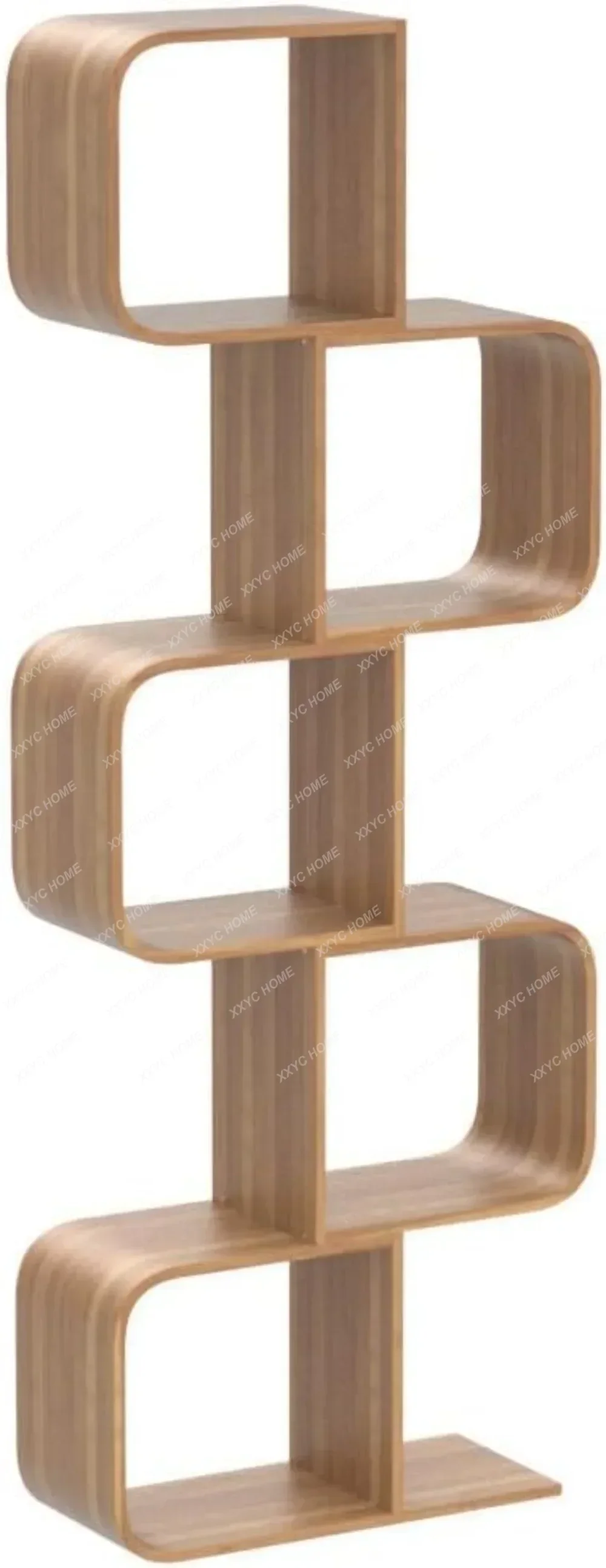 Y 5-Tier S-Shaped Geometric Modern Bamboo Bookshelf, 2 in 1 Bookcase Storage CDs, DVDs Book Shelf for Home, Living Room