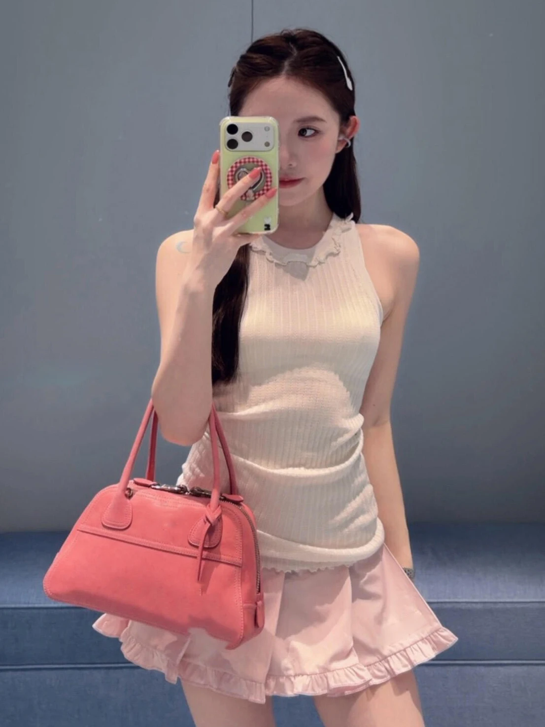 

White Knitted Vest Women Summer Anti-Aging Unique Design Cute Wood Grain round Neck Short Top Fashionable Polyester Fiber