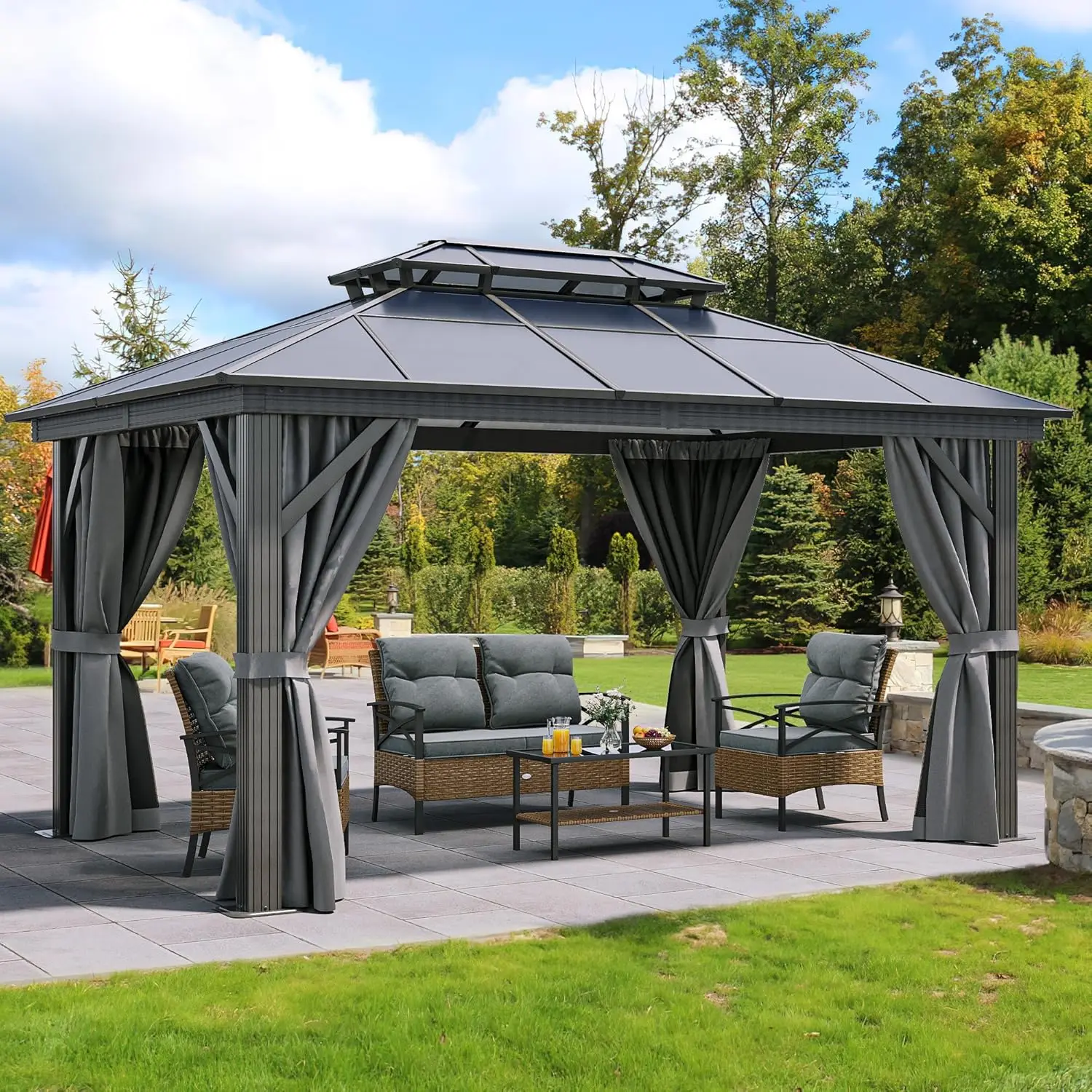 

10X12FT Polycarbonate Gazebo Outdoor Patio Double Top Canopy Galvanized Iron Metal Column Garden Tent Curtains Netting, Custom