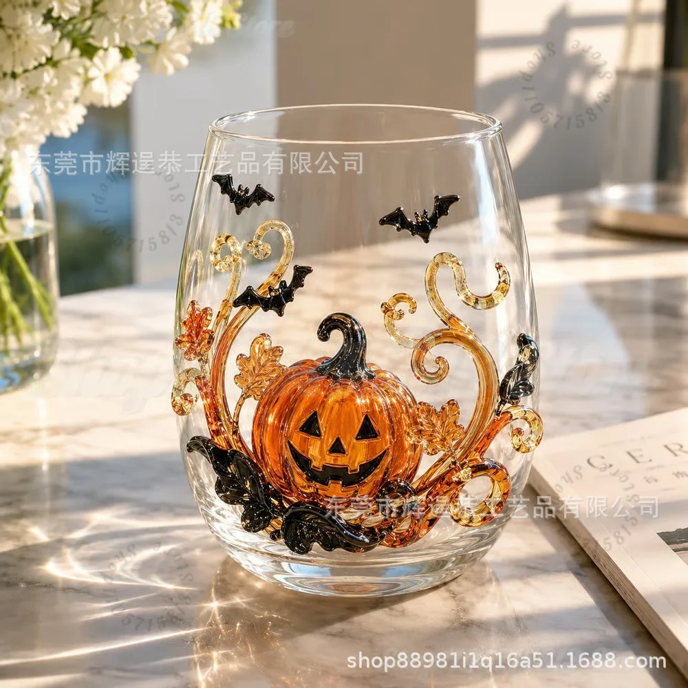 3D Halloween Artisan Glassware Collection, Premium Handleless Glass with Ghost, Pumpkin, Spider & Black Cat Designs for Party