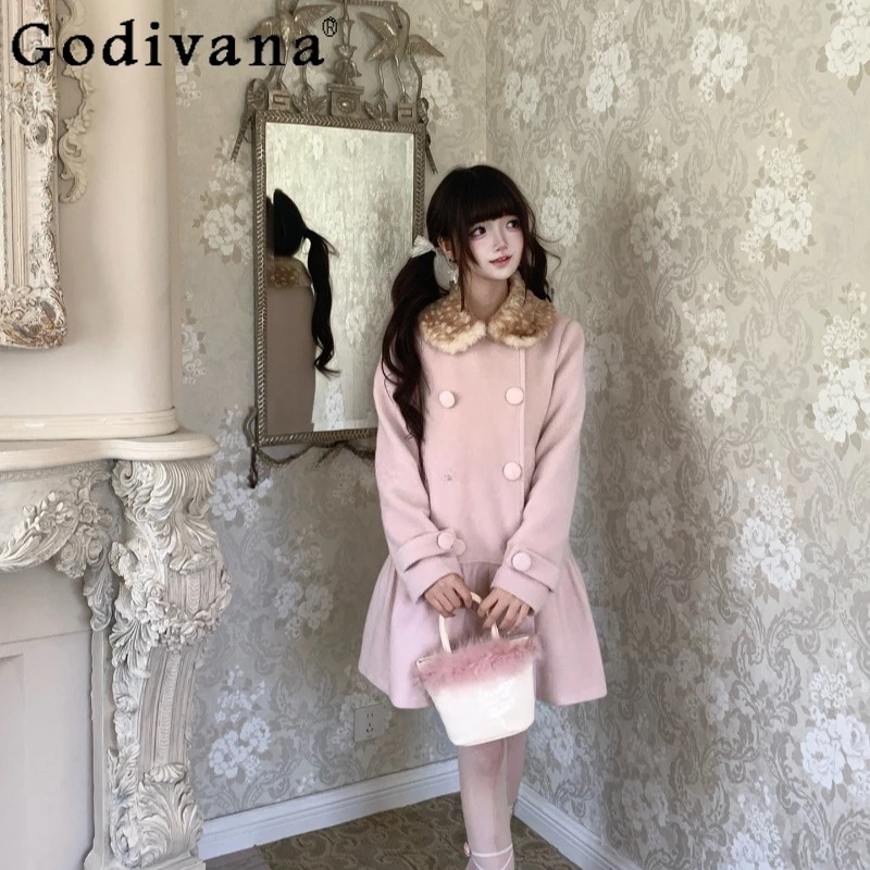 

Pink Doll Collar Woolen Coat for Women Japanese Style Long Sleeve Sweet Wool Coat Female High Street Princess Overcoat