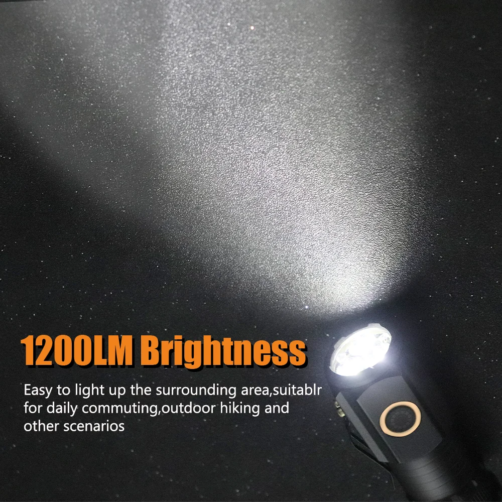 BORUiT Mini LED Flashlight 1200LM High Power Torch 18350 USB-C Rechargeable Lighting Waterproof with Magnet for Camping Lamp