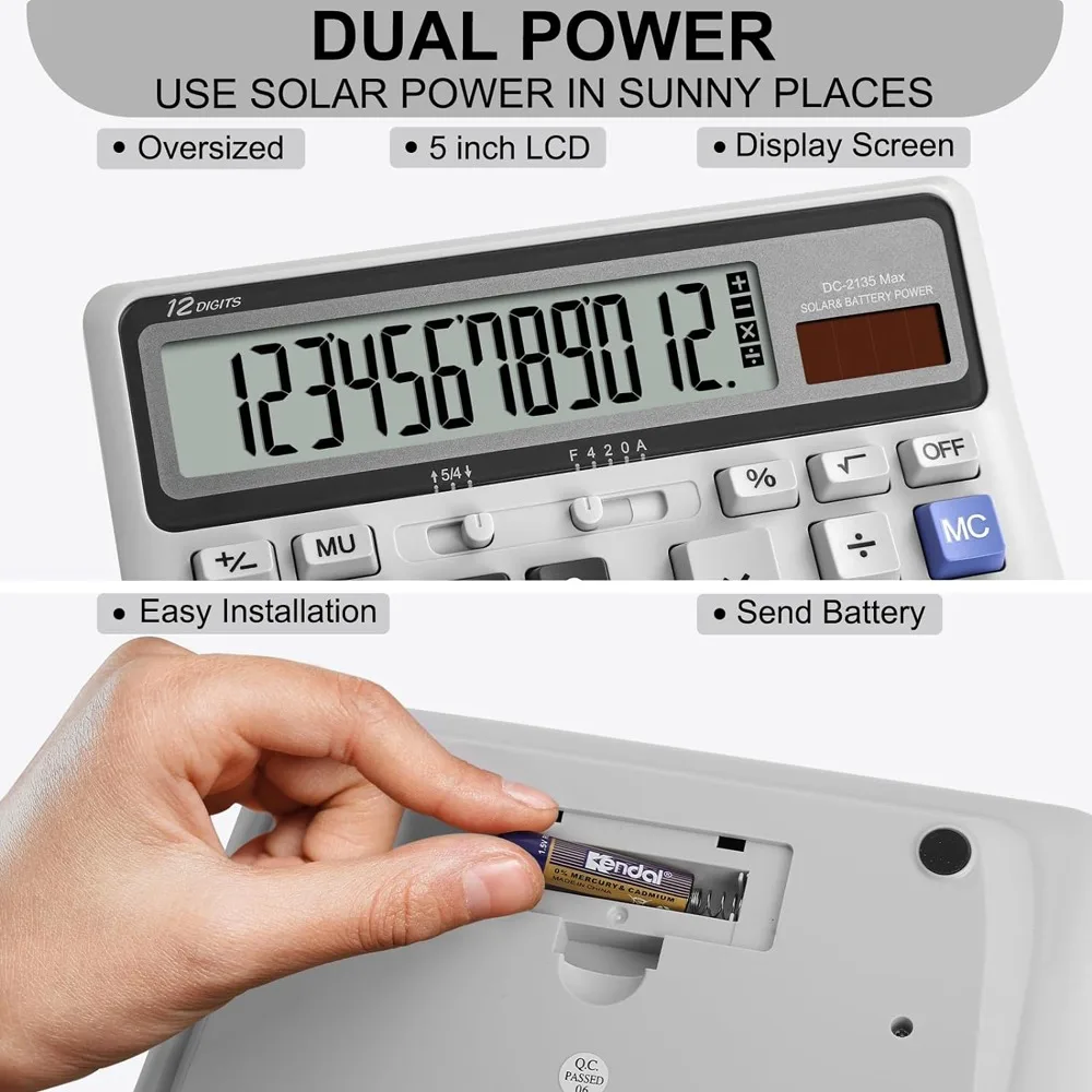 12 Digit Desk Calculator Big Buttons Large Display Office Calculator Dual Power Supply Large Screen Desktop Calculator