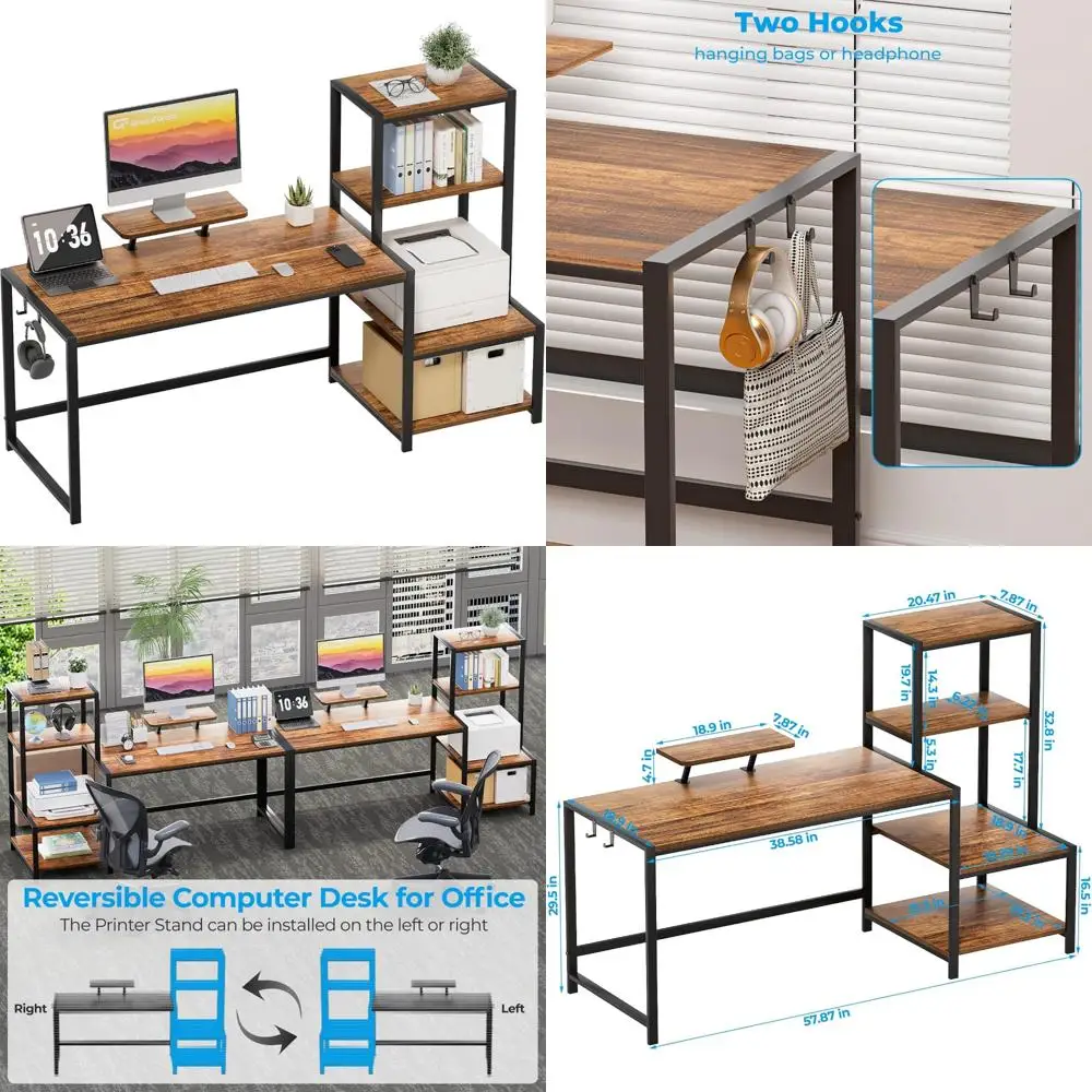 58-Inch Large Office Desk with Printer Shelf, Reversible Workstation, Monitor Stand and Hooks for Home Use