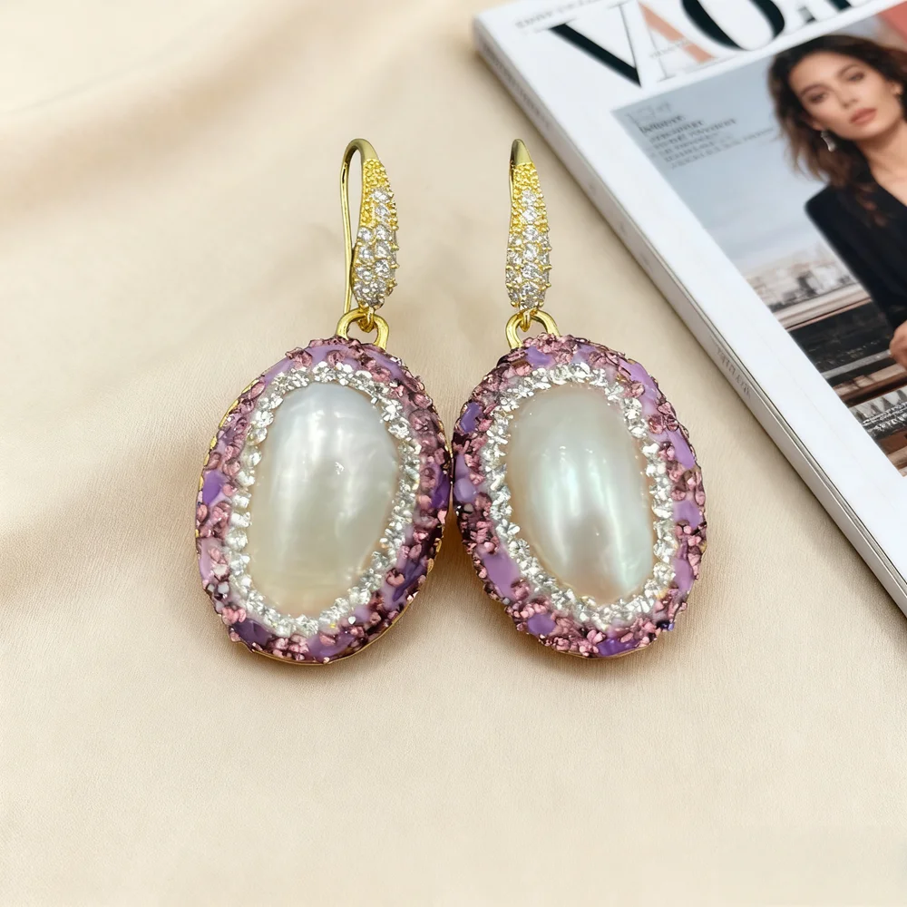 Brinco pendente de pérola natural feito à mão com concha de mabe banhado a ouro incrustado turmalina pingente de cristal joias para mulheres