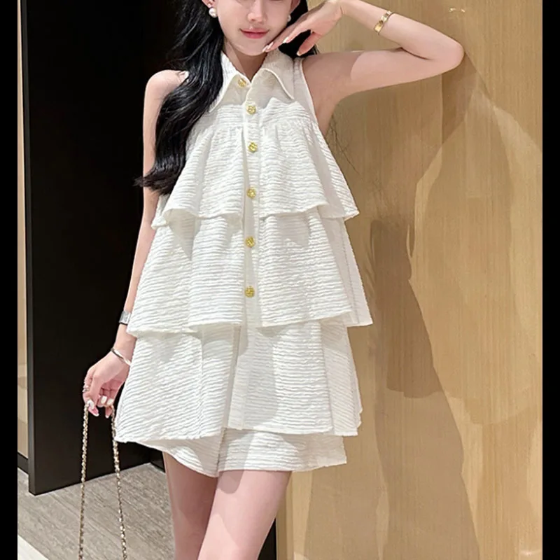 

2024 Women Summer French Halter Ruffles Sleeveless Shirt All-match High Waist Wide Legs Shorts Temperament Sweet Two Piece Set