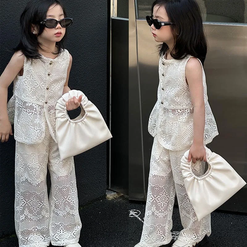 

Girls Clothes Set 2024 Summer New Fashion Hollow Sleeveless Vest Tops Trousers 2-piece French Elegant Teen Kids Boutique Outfits