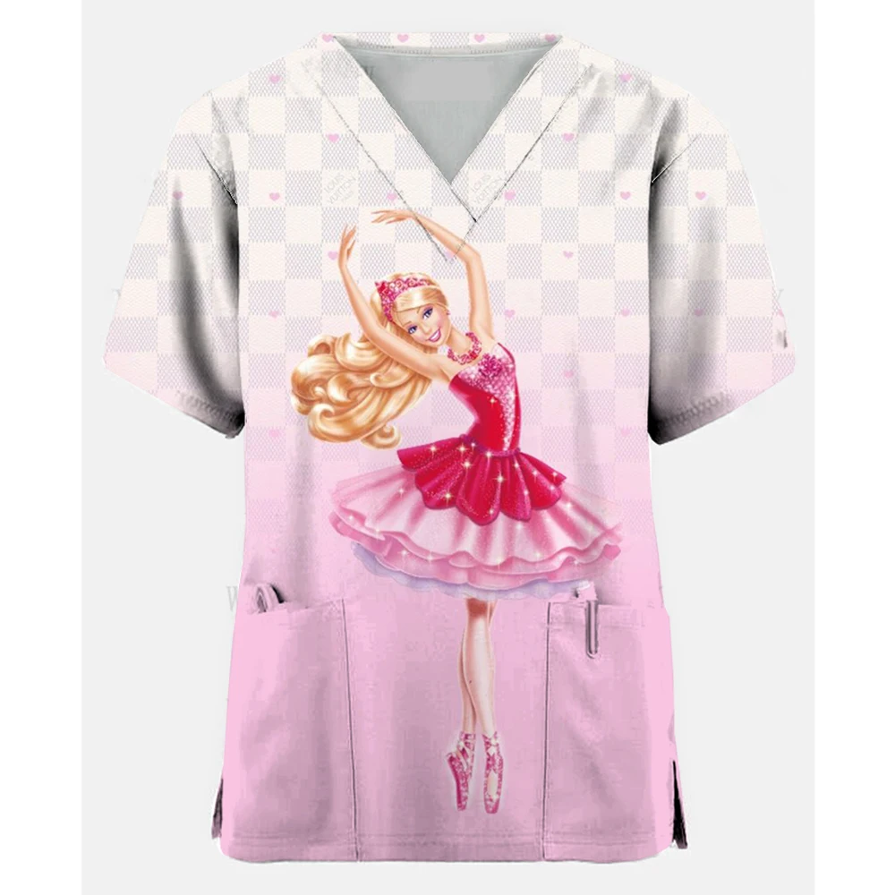 Women Scrub Tops Caps Doctor Barbie Cartoon Print Dentist Shirt Dental Uniform Nurse Doctor V-Neck Hospital Medical Blouse SPA