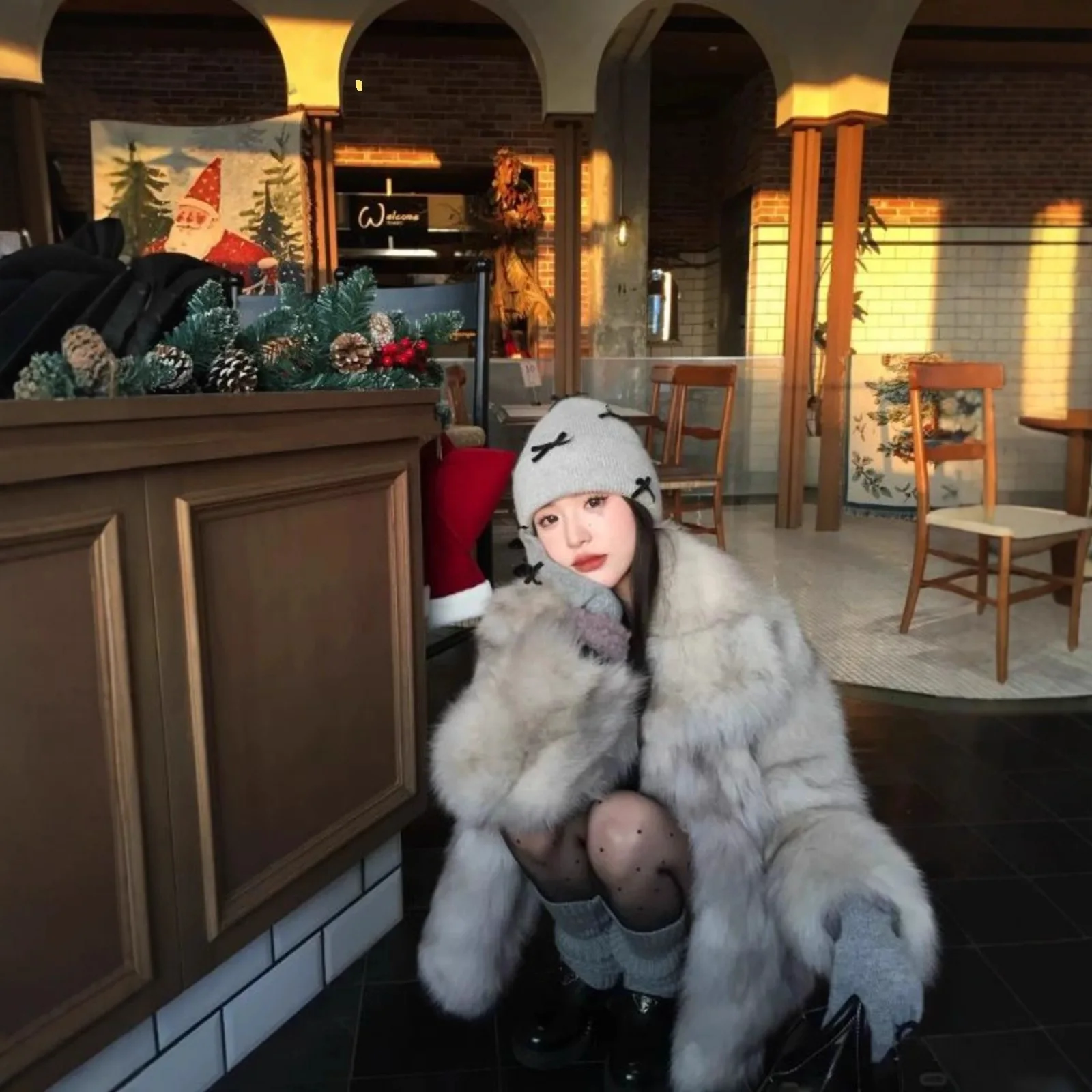 KIDCRKJ, abrigo de piel sintética de zorro para mujer, chaqueta de piel de visón holgada con cuello entallado gris para mujer, abrigo de piel ecológico minimalista Chic para mujer