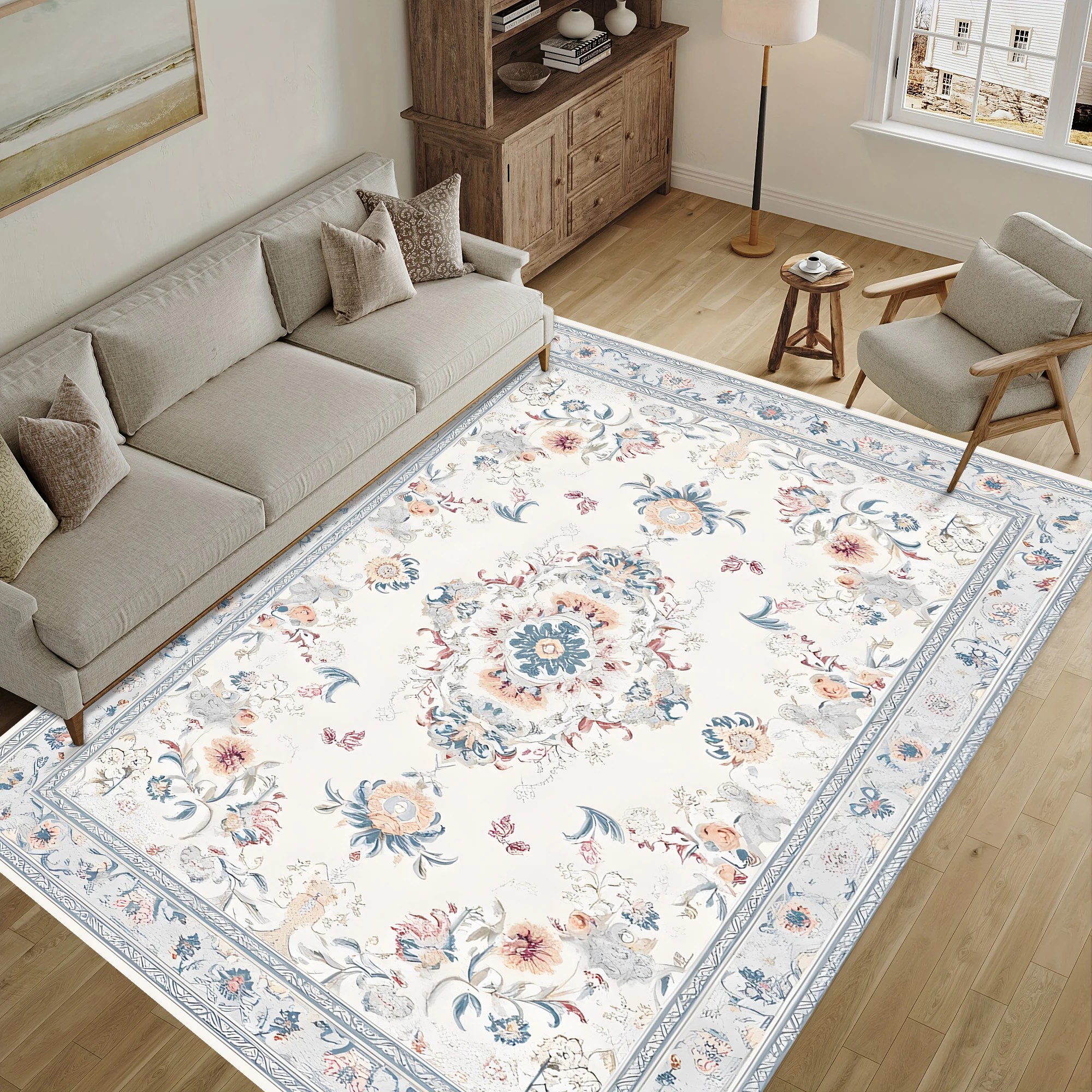 Retro Floral French Velvet Area Rug, Cozy Style for Living Room Bedroom, Christmas Autumn Winter