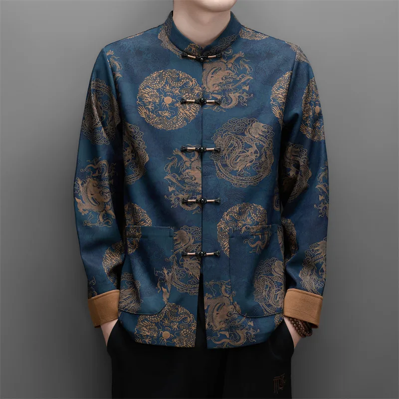 Fleece Stand Collar Shirts For Men Frog Button Tang Costume Print Winter Thick Quality Soft Comfortable Luxury Camisas De Hombre