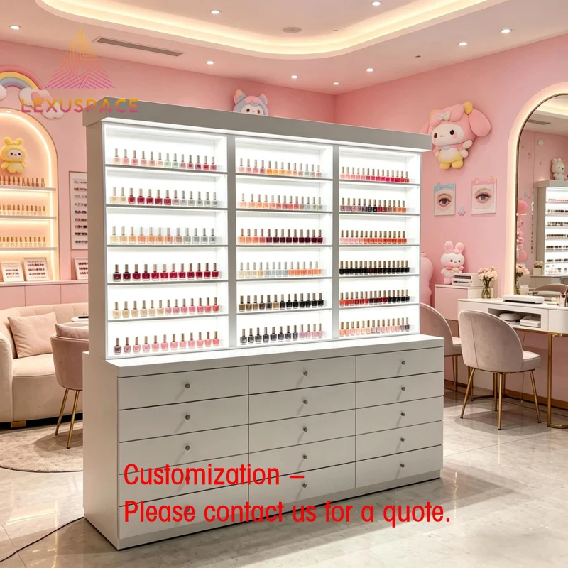 custom.Modern White Glossy MDF Commercial Salon Station with LED Lights and Soft Close Drawers
