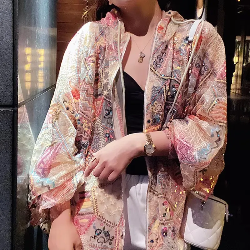 

Summer Women's Loose Casual Sequin Embroidery Hooded Coats Lace Straight Long Sleeve High Quality Cardigan Jacket Outerwear