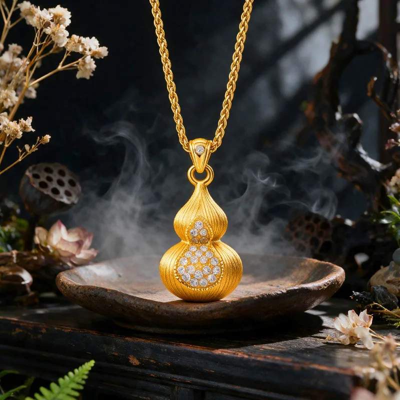 Vintage New Chinese Style Retro Velvet Gold Brushed Dot Diamond Gourd Pendant Luxury 9999 24K Real Gold Exquisite Clavicle Chain