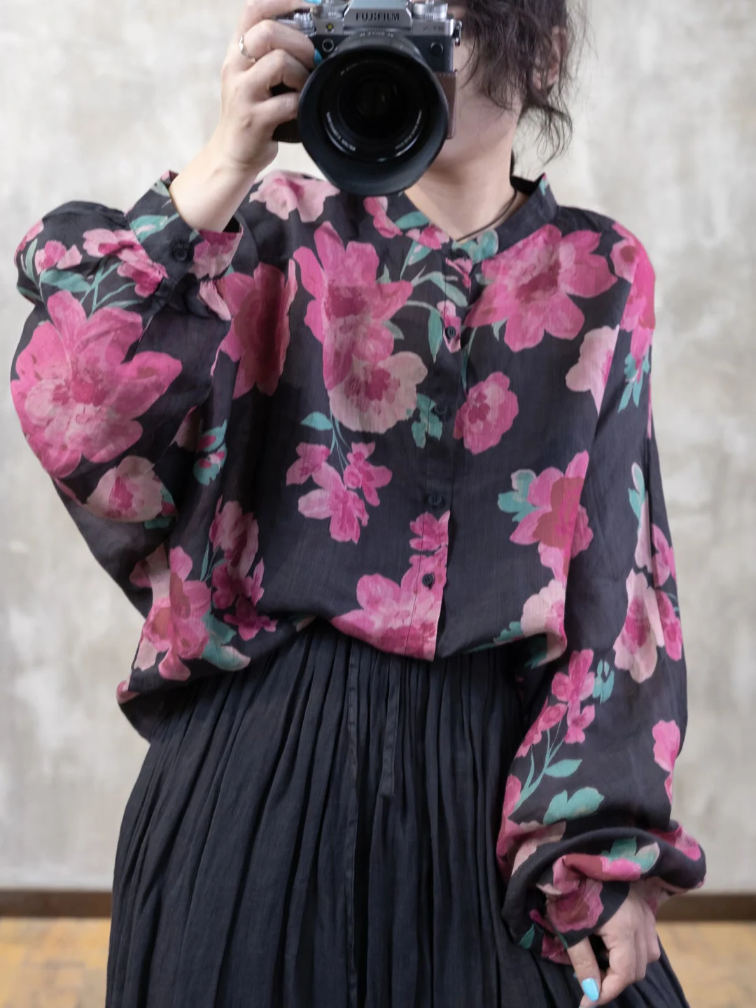 

Artistic Large Floral Print Casual irt Lantern Sve Stand Collar Women's plus Size Open Cardigan Top Polyester Fiber