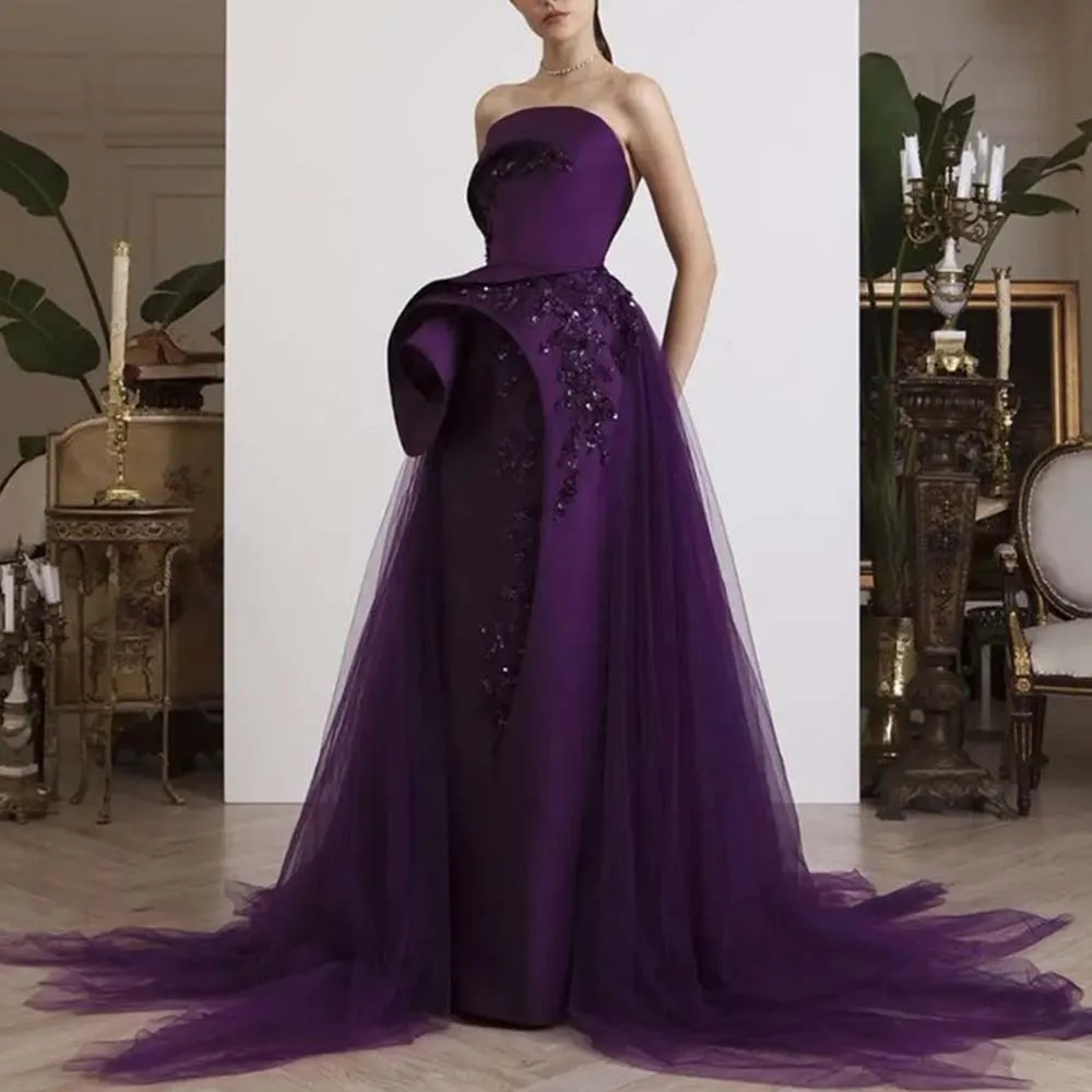 Luxury Purple Women Prom Dresses Strapless Floor Length Sleeveless Beading High-end Smart Female Evening Party Banquet Gowns