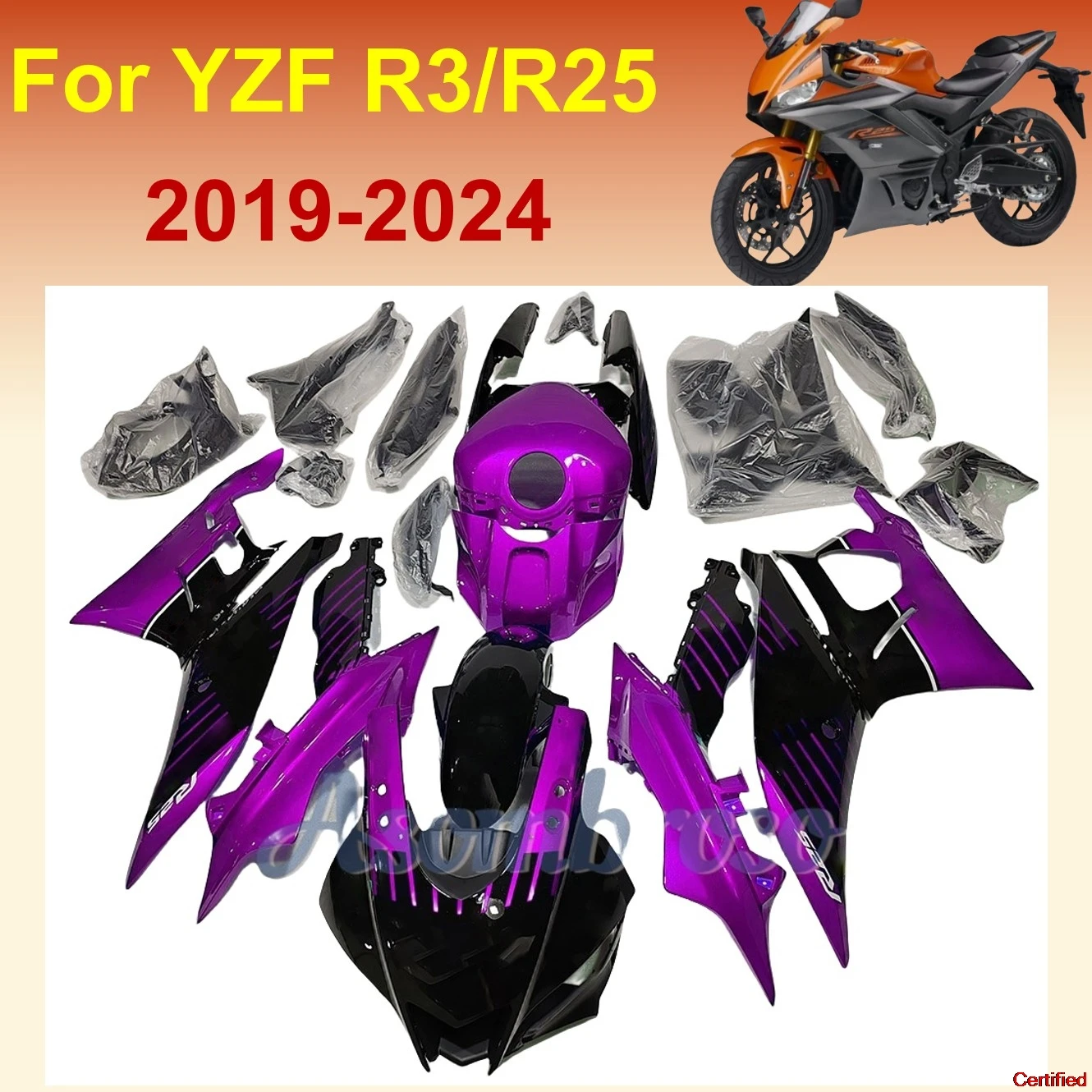 Motorrad-Verkleidungskit für YZF R3 2019 2020 2021 2022 2023 2024 Lila-Schwarze Karosserie YZF R25 20 21 22 23 24 YZF-R3 YZF-R25