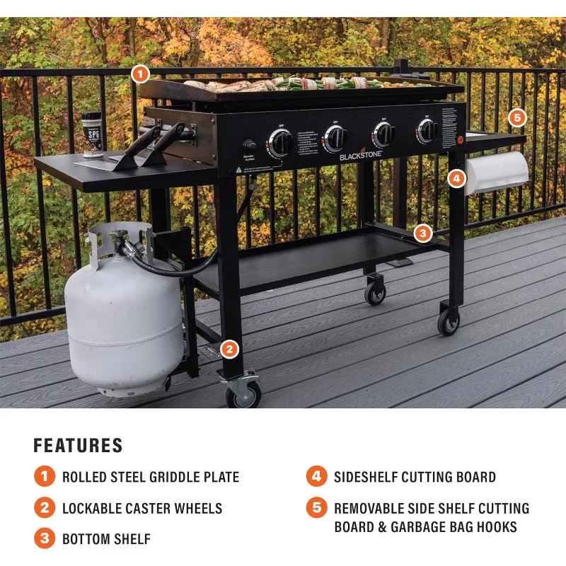 Cooking Station 4 Burner Propane Fuelled Restaurant Grade Professional 36 Inch Outdoor Flat Top Gas Griddle with Built