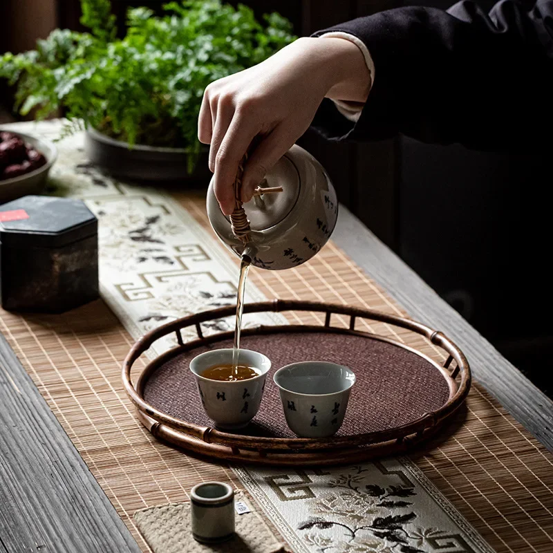 Tea Mat Embroidery Bamboo Mat Classical Vintage Tea Table Cup Runner Pad Tablecloth Ancient Rhyme Chinese Style Flower