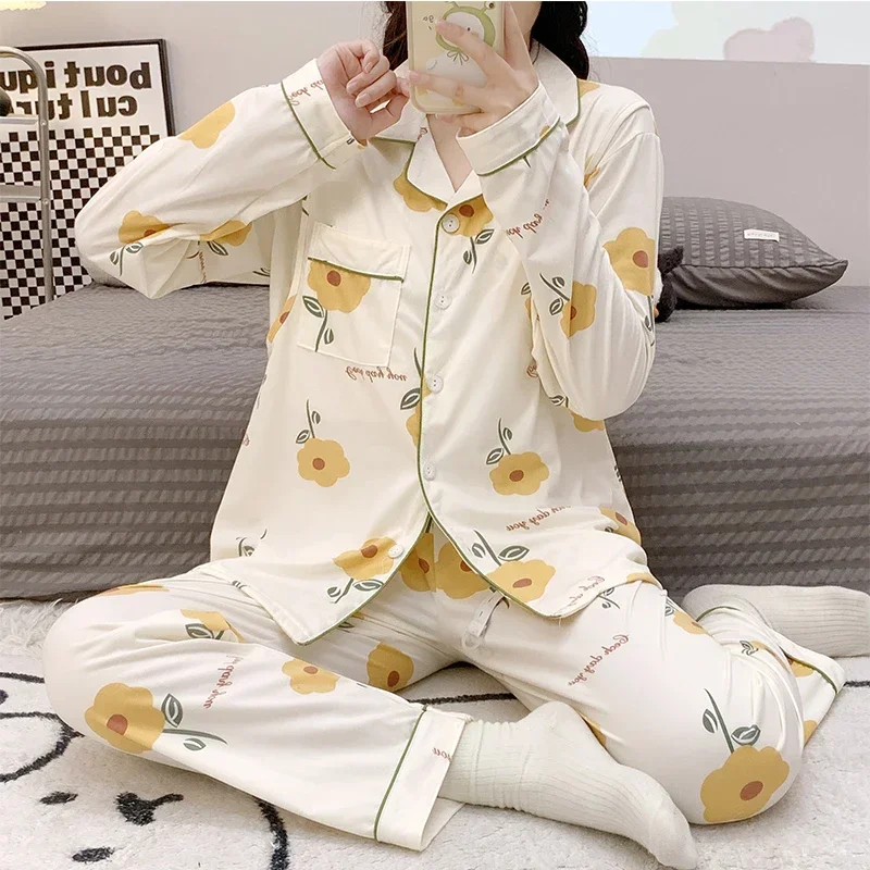 Autumn Pregnant Lady Pajamas Cardigan Suits Postpartum Woman Cotton Milk Silk Nursing Clothing Fashion Breastfeeding Pajamas Set