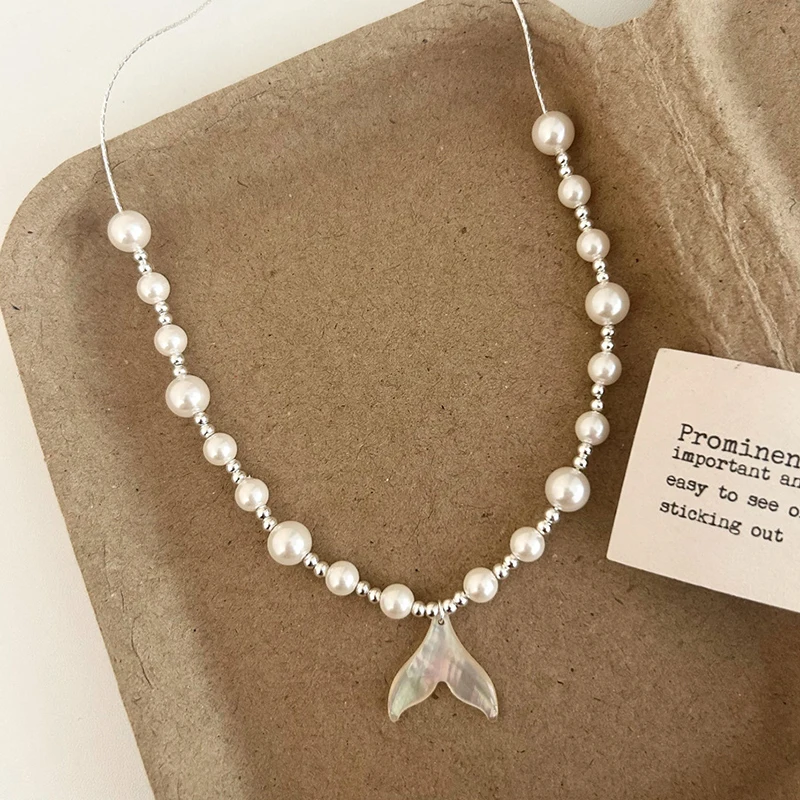 

PONYKISS Tibetan Silver Shell Fish Tail Imitation Pearl Pendant Necklaces for Women Cute Animal Fashion Jewelry Accessories