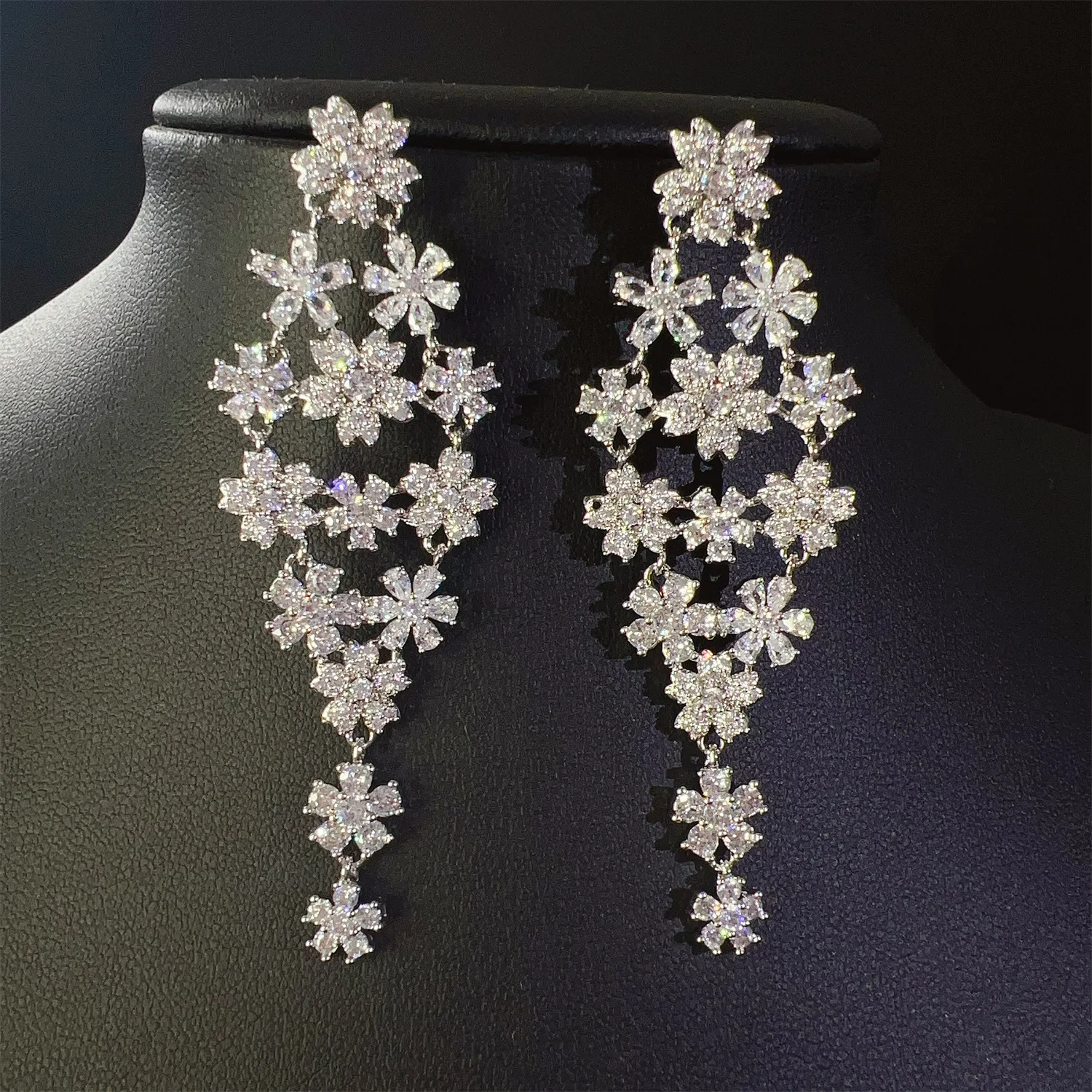 

sweet flower earrings long pendant zirconia shiny jewelry silver gold color wedding dinner party women earrings anniversary gift