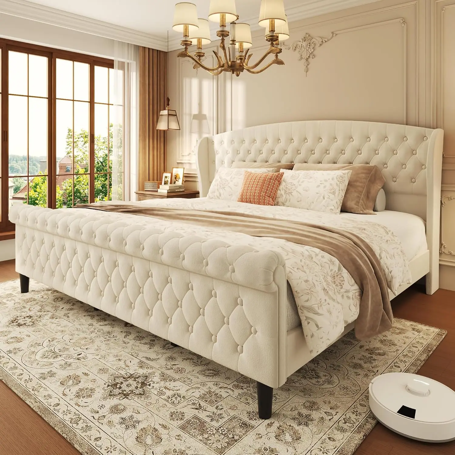 Velvet Platform Bed with Tufted Wingback Headboard & Footboard, Noise-Free Easy Assembly No Box Spring, Beige, Customized