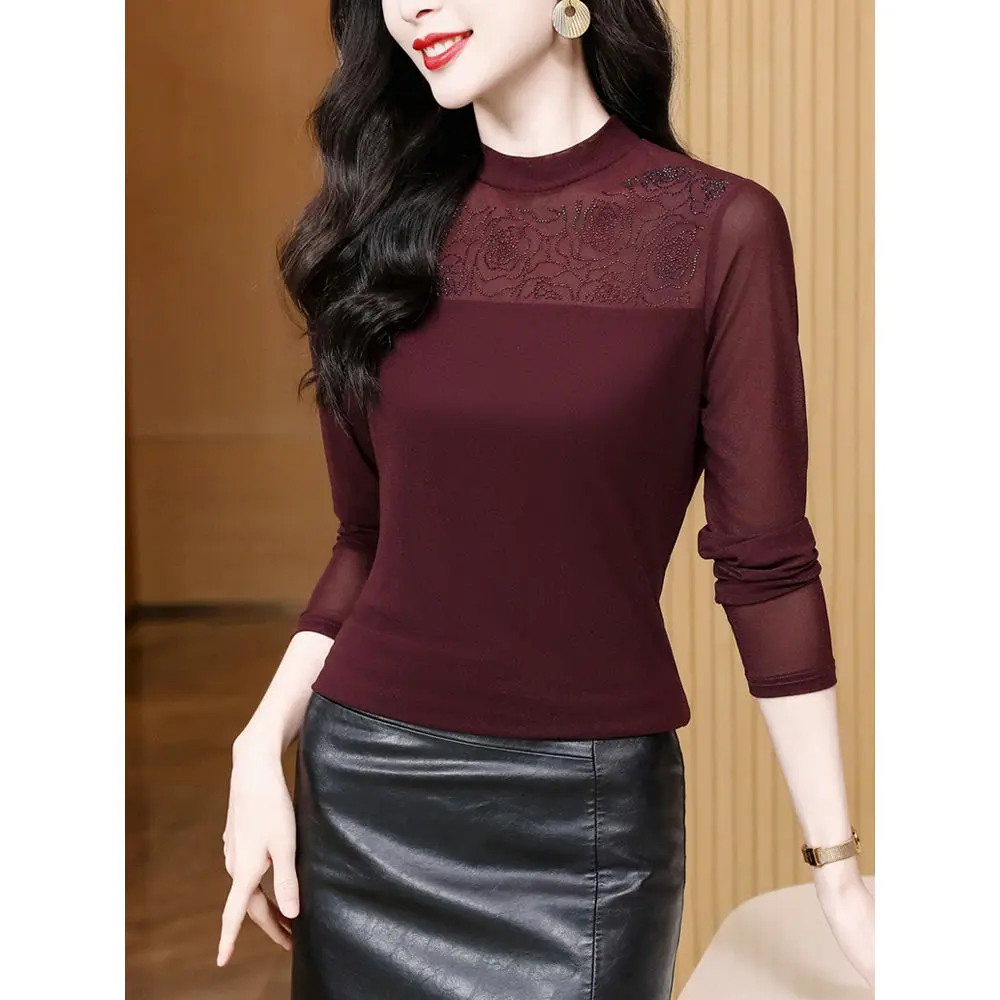 Ironing Diamond Mesh Base Shirt for Women with Fashionable Fashionable Shirt for Women with Long Sleeves T-shirt Lace Top