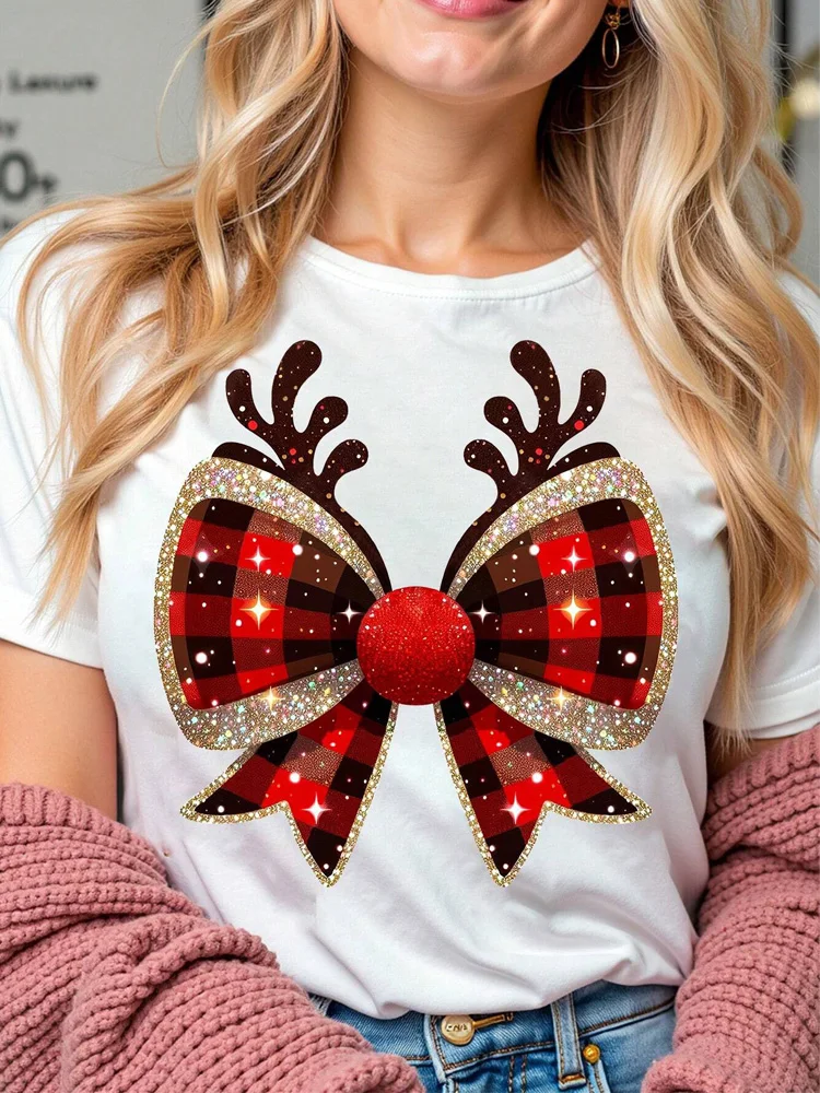 Fashion Reindeer Antlers Bow Plaid Women T Shirt Funny Graphic Christmas Party Outfit Harajuku Casual Female Clothes Tees