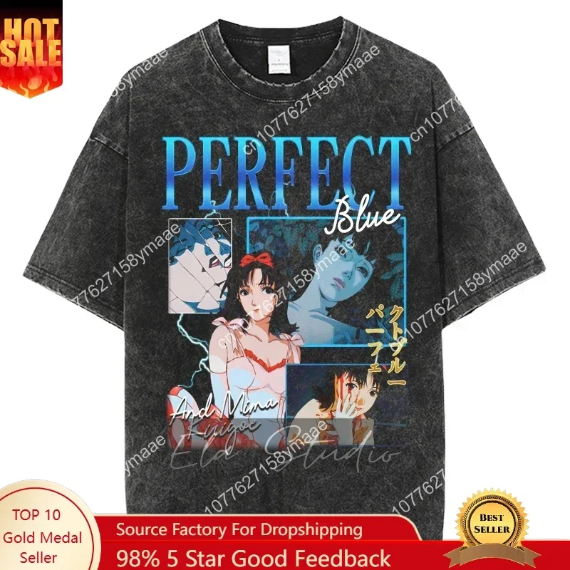 Japanese Anime Vintage Washed Perfect Blue T Shirt Men Women Oversize Fashion Casual Streetwear Cotton Short Sleeve T Shirt Tops
