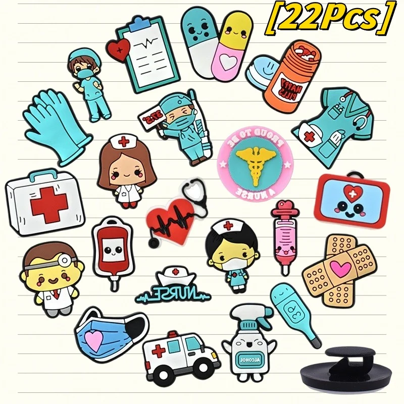 22 Stück medizinische Serie PVC-Schuhanhänger, niedliche Spritze und Krankenwagen-Kapselzubehör für Ärzte, Krankenschwestern, Feiertage, DIY-Geschenkideen